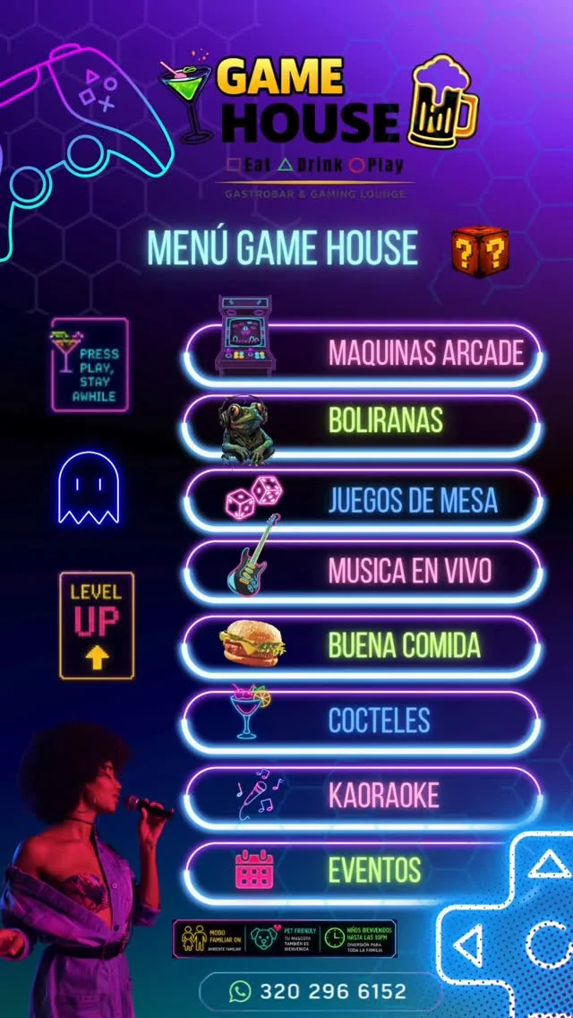 Menú neón de Game House con todas sus experiencias